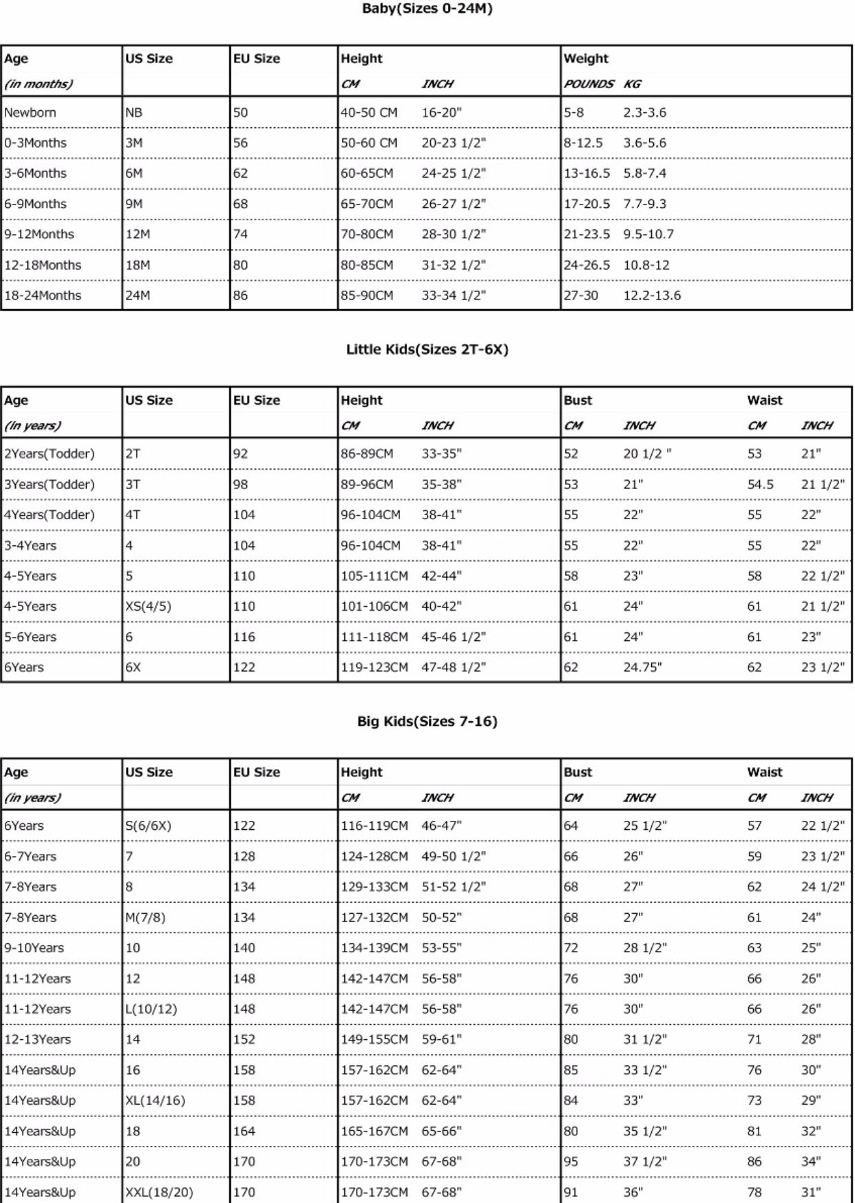 Clothing Size Chart