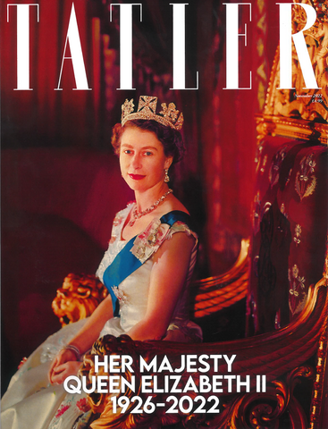 Tatler November 2022 cover with the Queen sitting on her throne wearing her crown