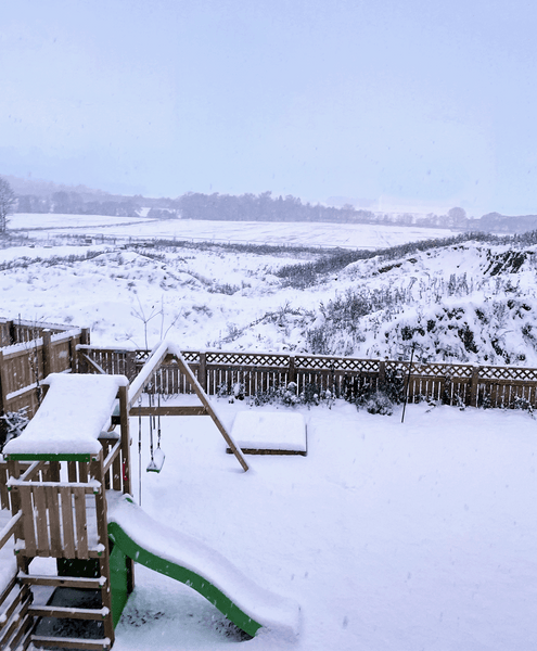 Snow in our back garden and view to Crieff in Perthshire