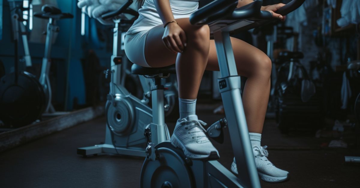 women exercising in a static bycicle with a gym surrounding her