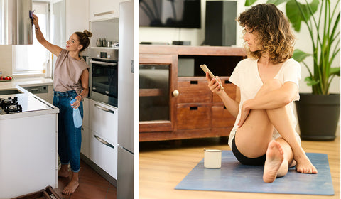 Woman cleaning kitchen and woman doing yoga and on her phone