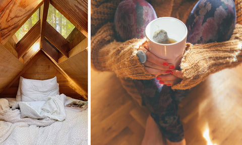 Attic Bedroom and person holding hot tea