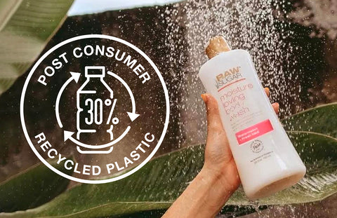 raw sugar body wash watermelon + fresh mint in an outdoor shower with 30% PCR icon
