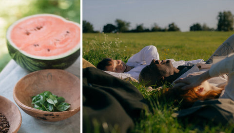 Watermelon and people laying down enjoying the sun