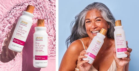 lady with raw sugar volume revive shampoo and conditioner