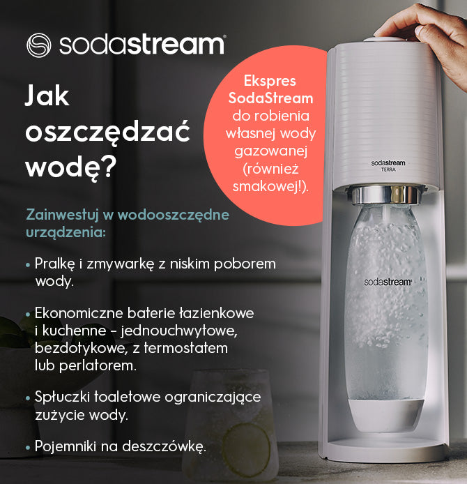 ALT: Infografika - Jak oszczędzać wodę? 4 punkty w tle urządzenie do wody gazowanej SodaStream