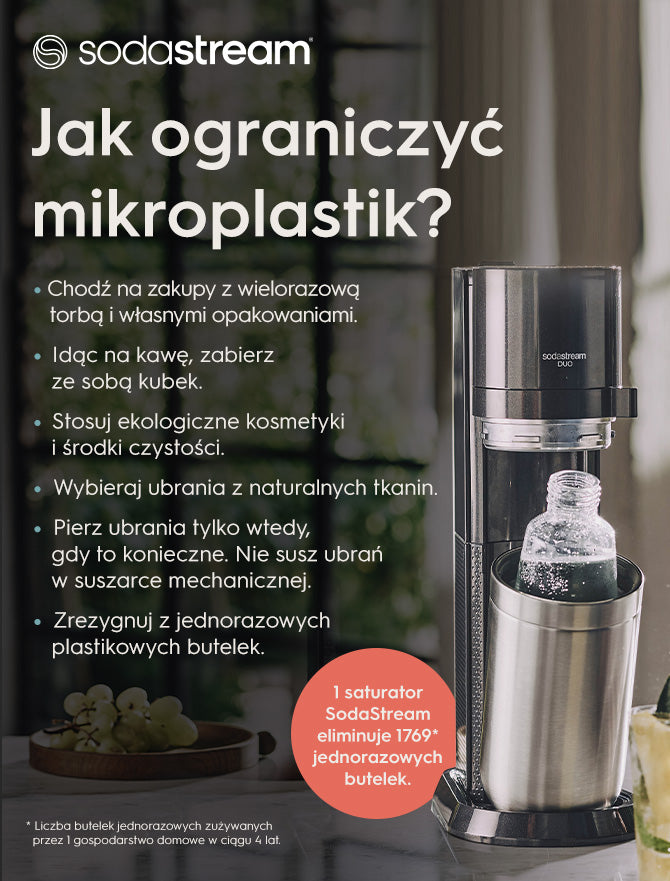 ALT: Infografika - Jak ograniczyć mikroplastik? W tle saturator SodaStream