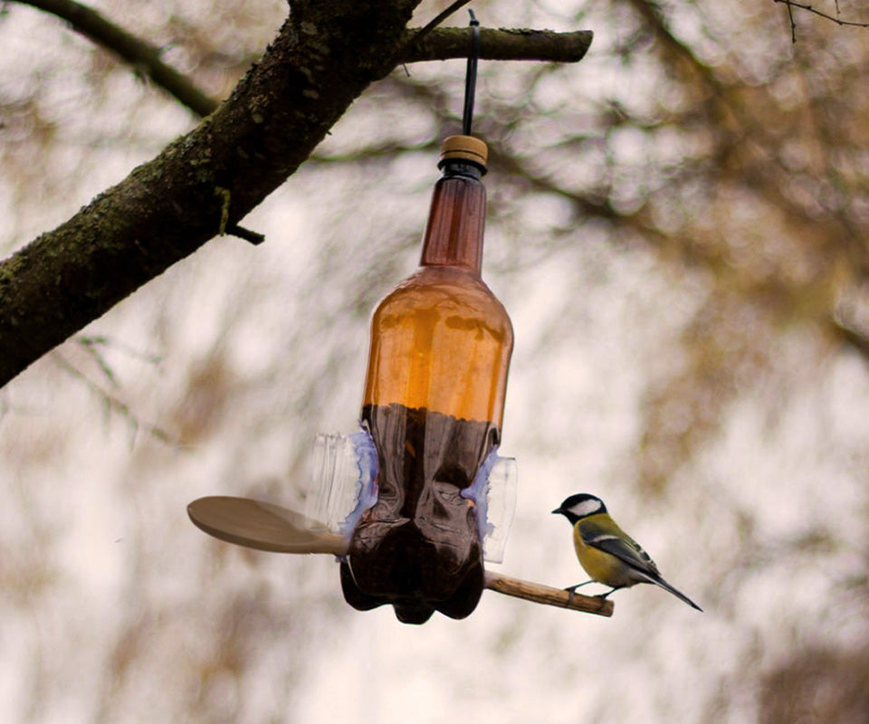 Karmnik dla ptaków zrobiony z butelki i łyżki drewnianej  - zdjęcie.