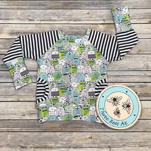 12m-3T Long Sleeve Cotton Shirt with pockets green/blue feathers, black  sleeves and stripes!