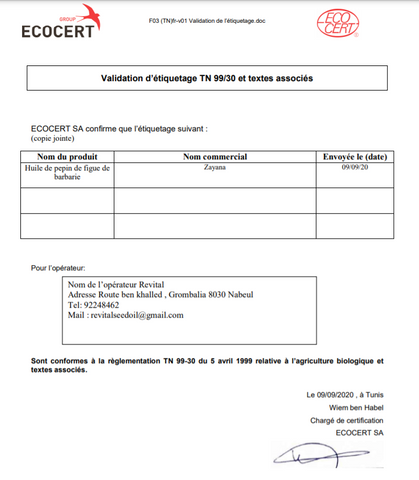 Certification ecocert zayana