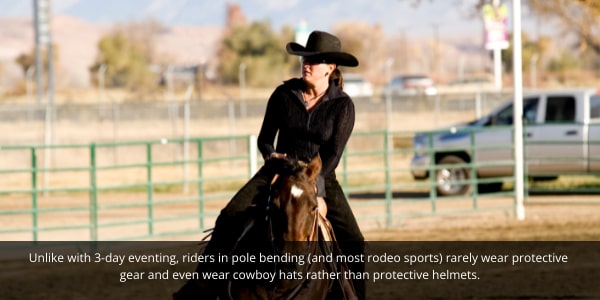 Pole Bending is a rodeo discipline that as with many western disciplines does not adopt safety precautions like helmets and body protectors
