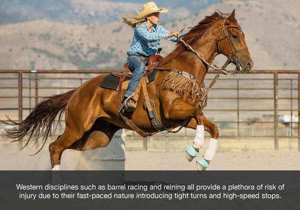 Barrel Racing, Roping, Reining and Western Dressage all provide a plethora of risk of injury due to their fast-paced nature introducing tight turns, high-speed stops and endurance.