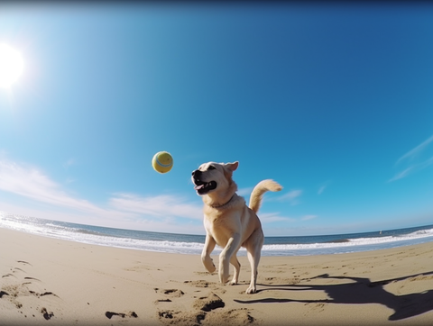 A happy dog play ball on the beach