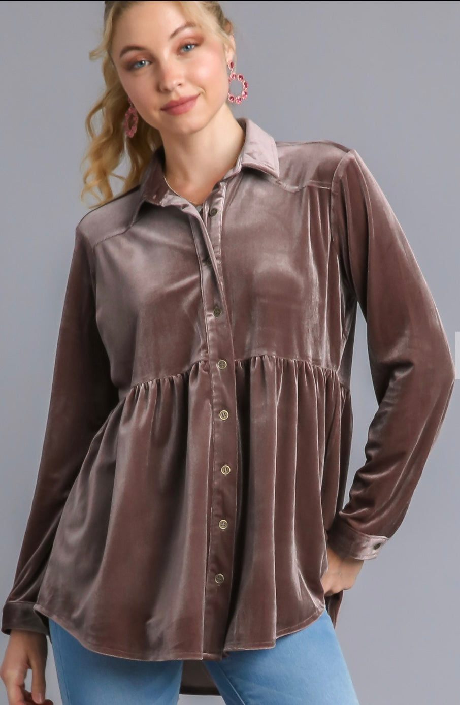 Umgee Tinsley Almond Velour Long Sleeved Tiered Button Down Top-