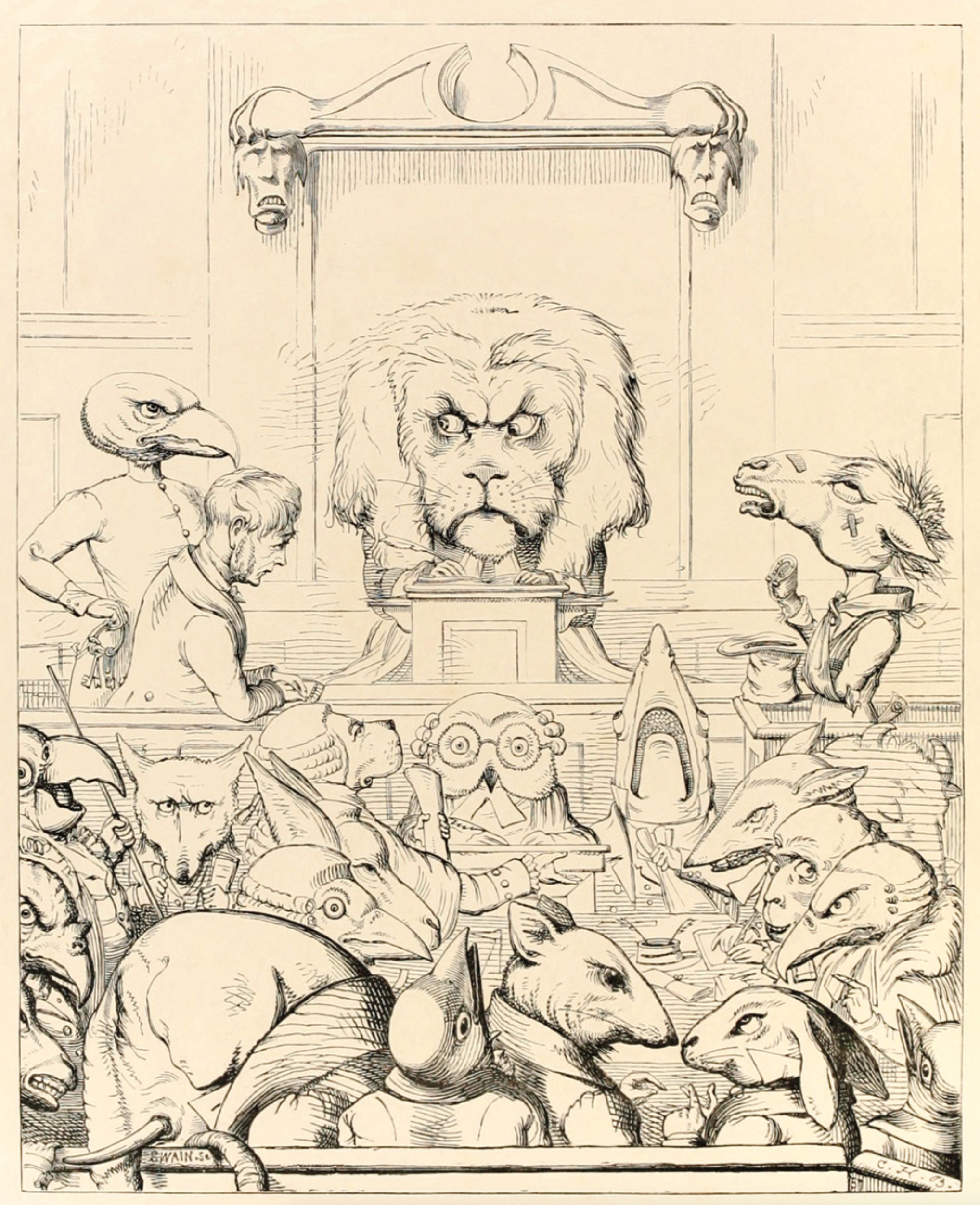 Charles Bennett, Court of the Lion from Aesop’s Fables, 1857; this engraving may have inspired Tenniel’s own court scene in Alice in Wonderland