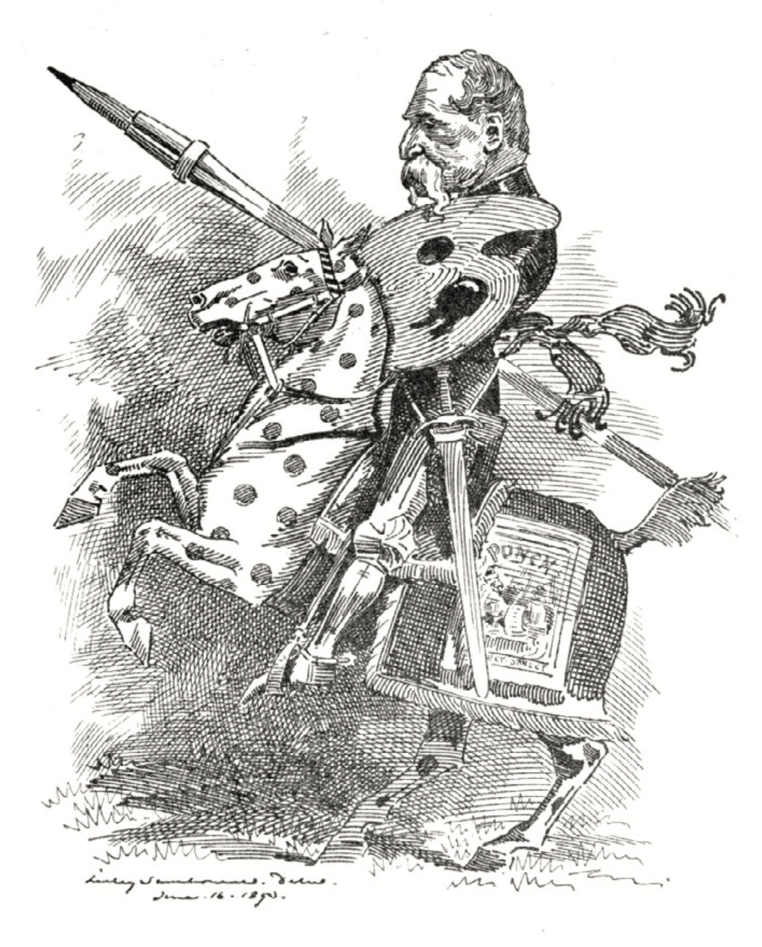 Linley Sambourne, The Black-and-White Knight, engraving in Punch, 1893; a tribute to Tenniel’s knighthood