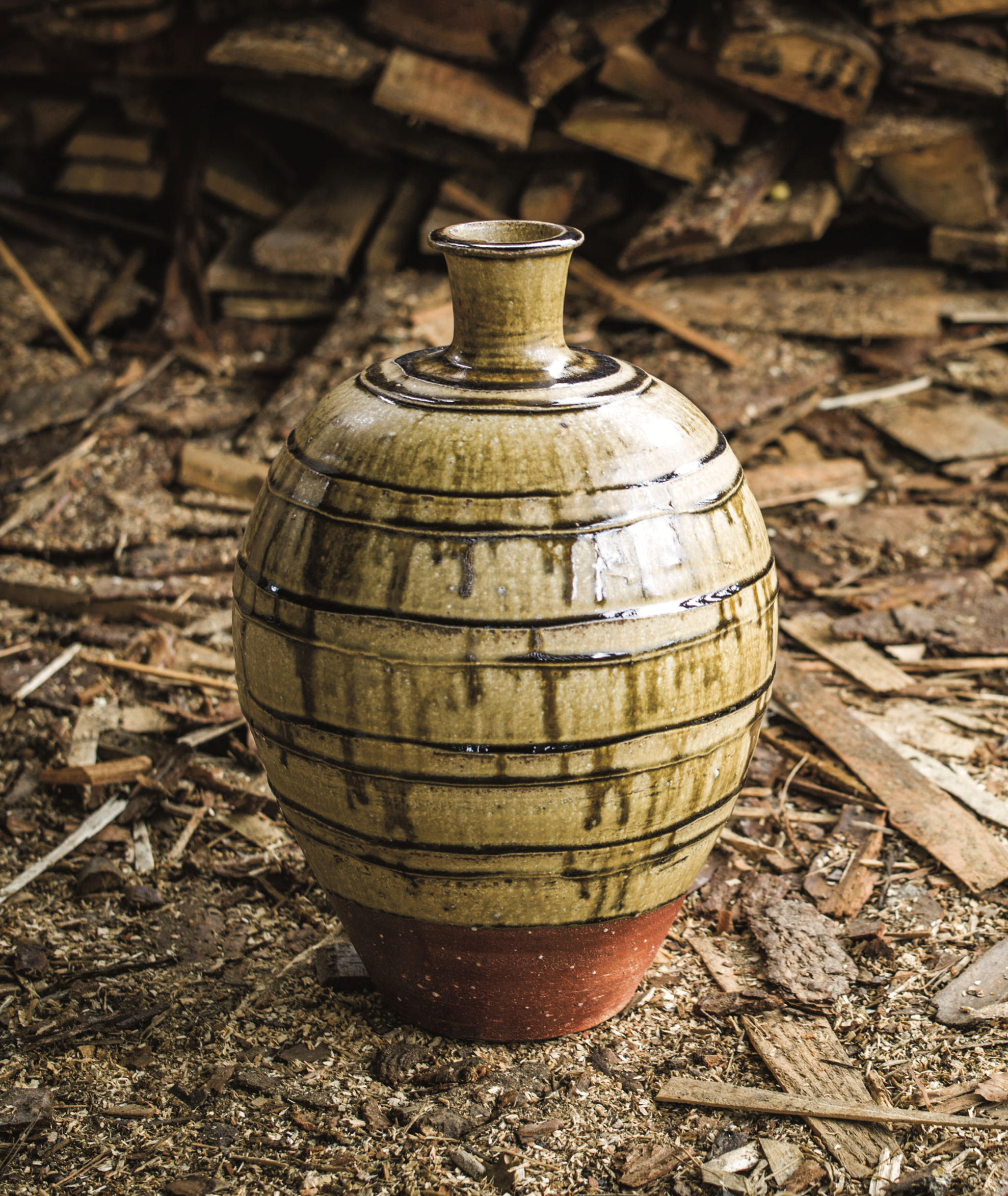 Bottle, straps, ash glaze. Wood fired