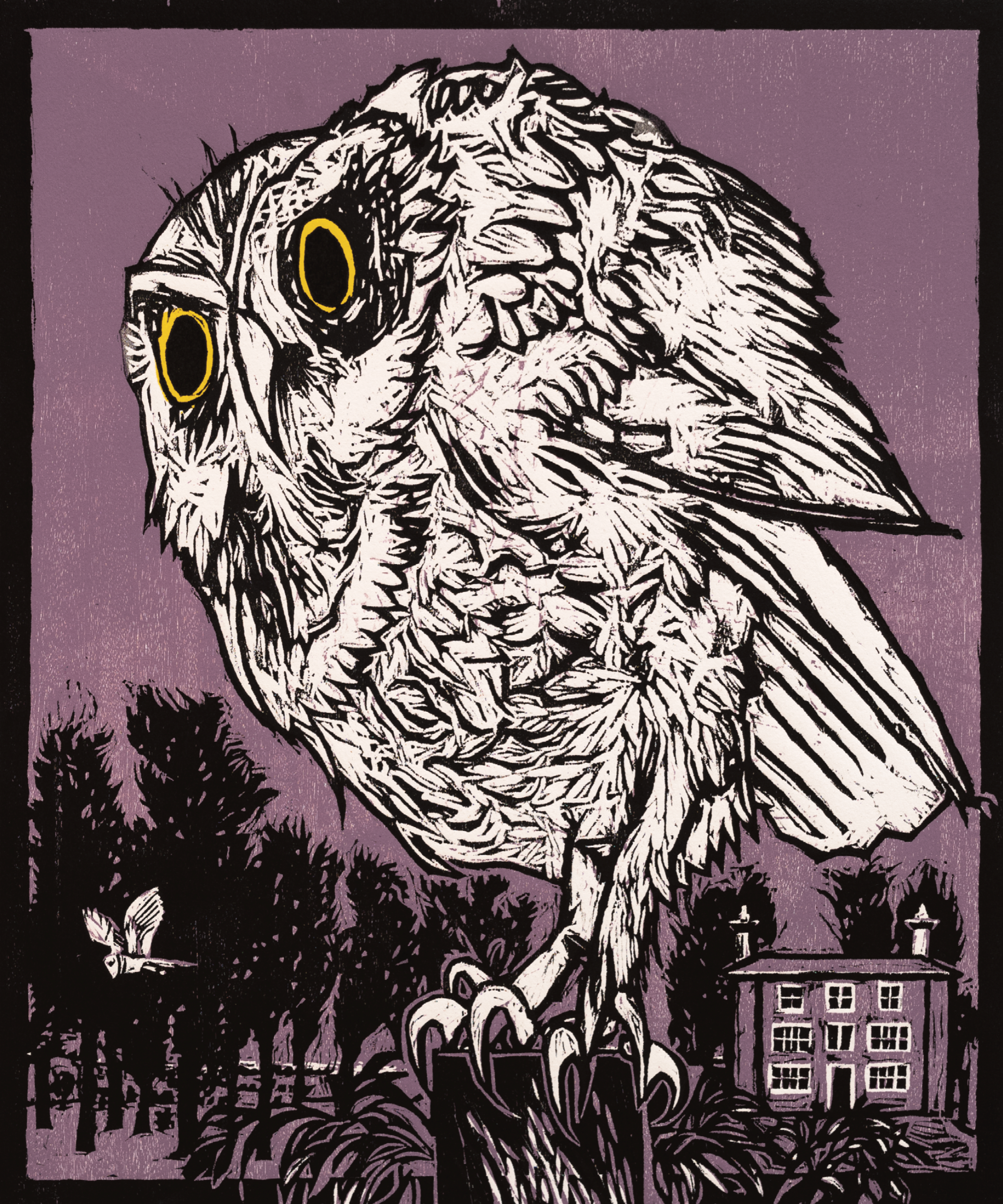 Owls at Leppits Hill, woodcut, ed 50, 1990