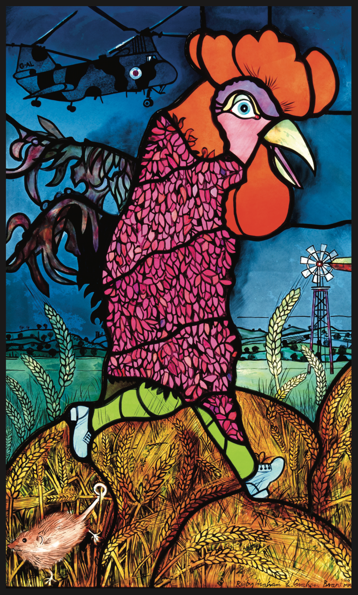 Clare’s Cockerel, stained glass, ed 3, 2001