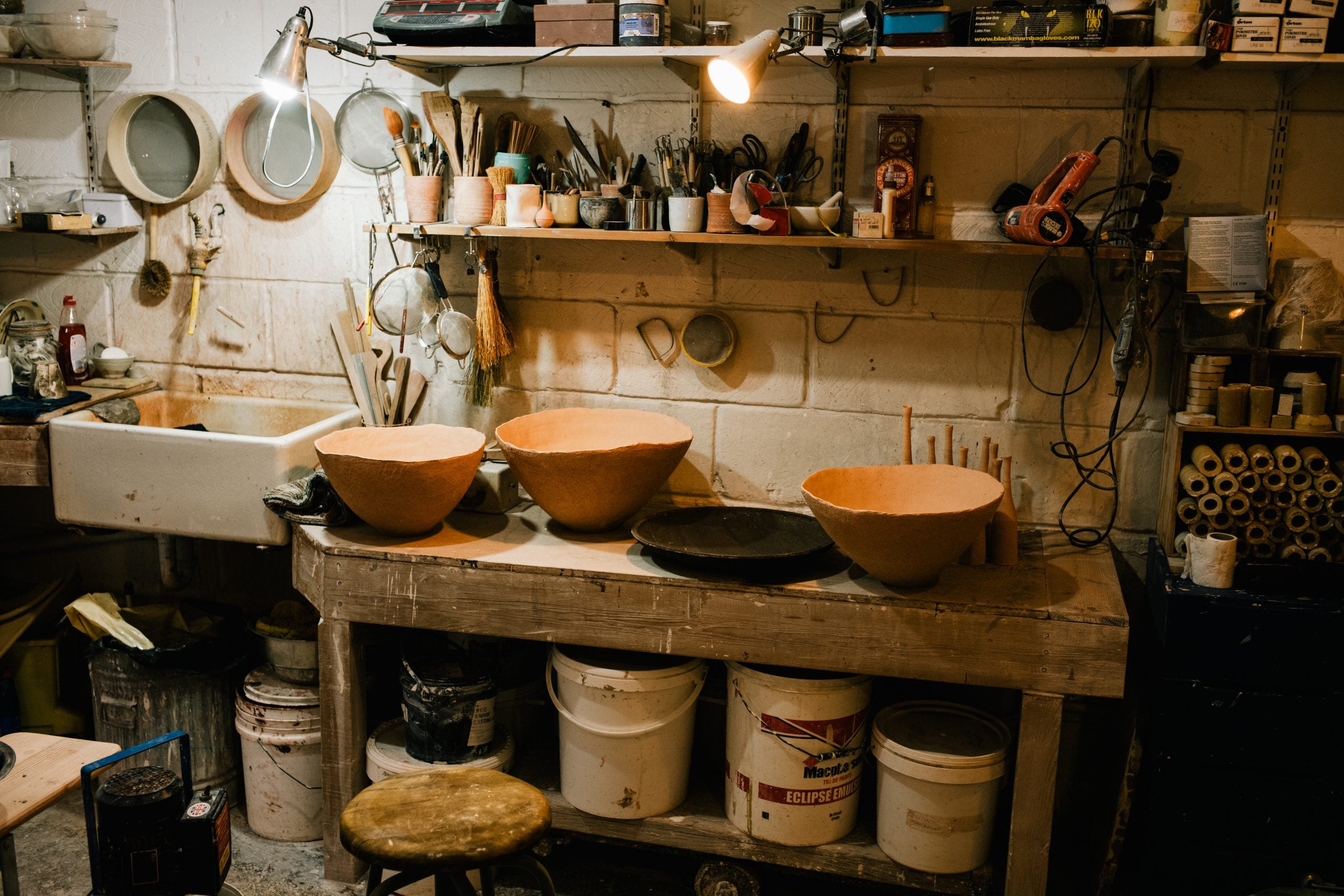 Akiko Hirai Industrial Bowls drying in the studio