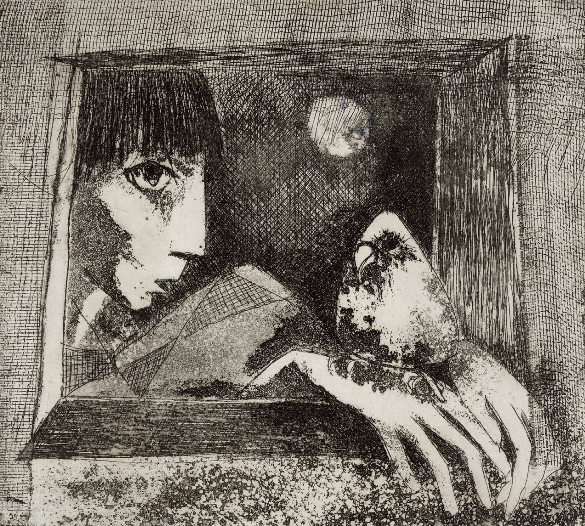 Esther Peretz-Arad, Bird at the Window, etching