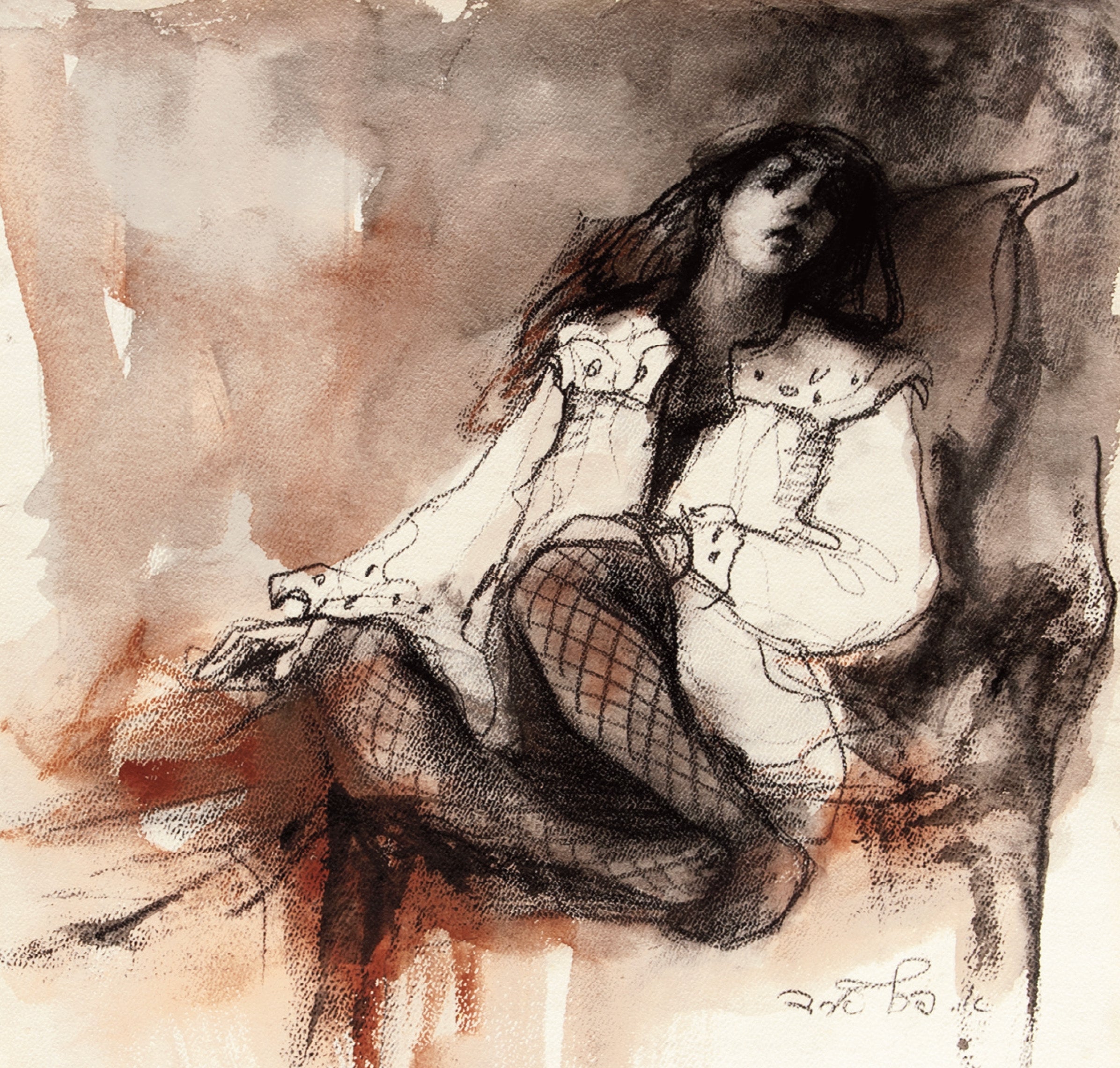 Esther Peretz-Arad, Girl in Fishnet Stockings, charcoal & wash