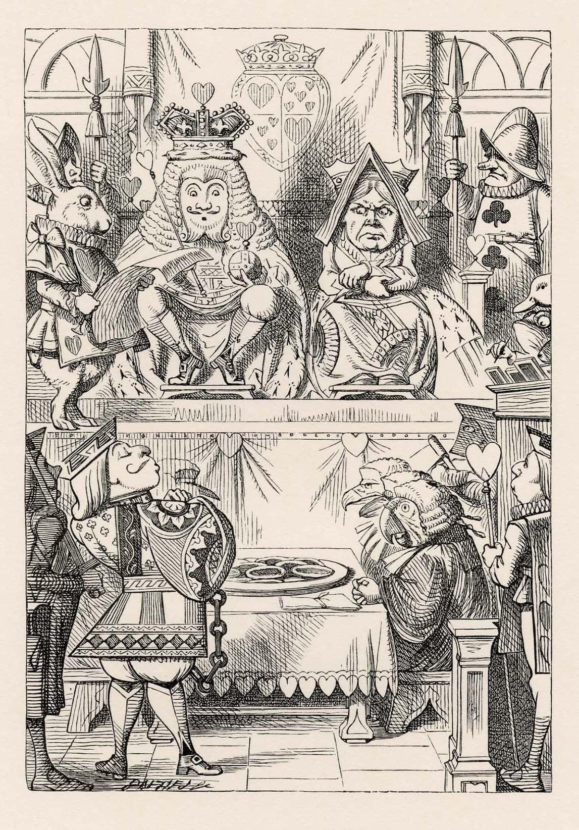 John Tenniel, The King and Queen of Hearts were seated on their throne..., woodcut