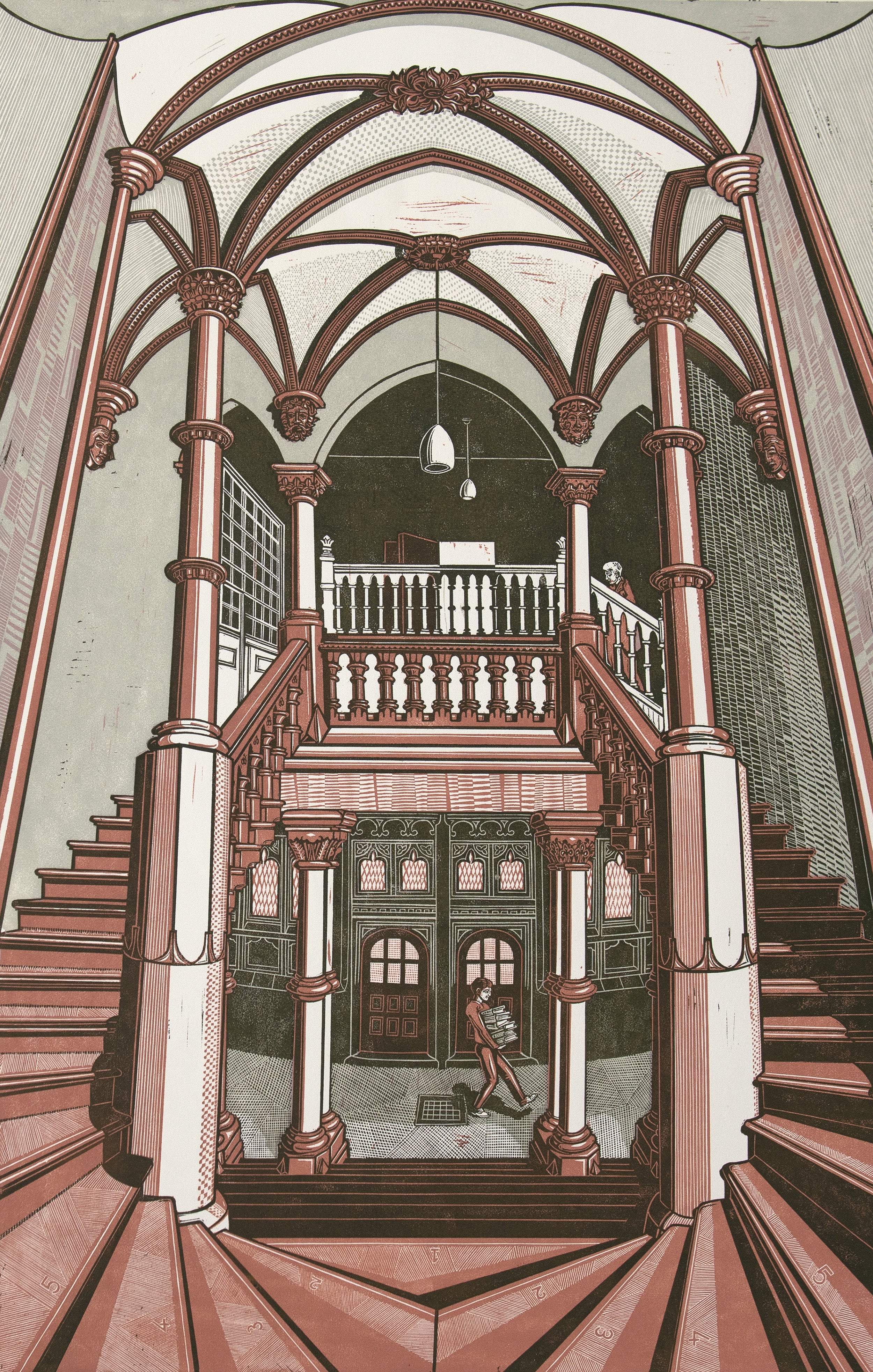 Robert Meyrick, The Great Staircase, Old College, Aberystwyth, linocut, 1992