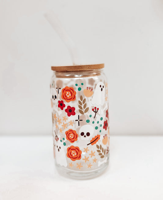 Ghost and Pumpkin Glass Cup with Bamboo Lid and Straw – Mrs Pretty