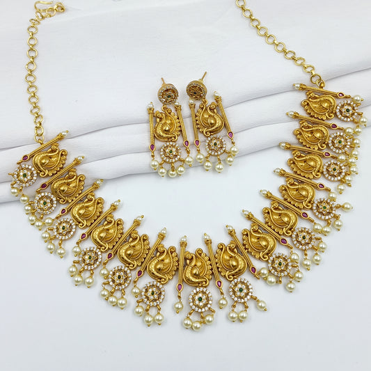 Peacock Designer Temple Pearls Short Necklace