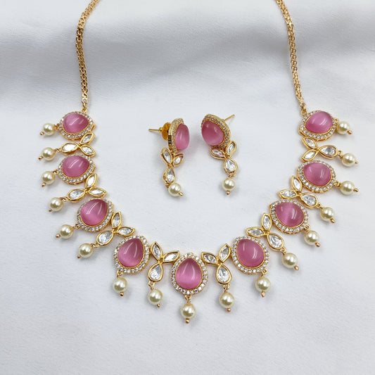 Pink Color Monalisa Droplet Stone Designer Necklace Set