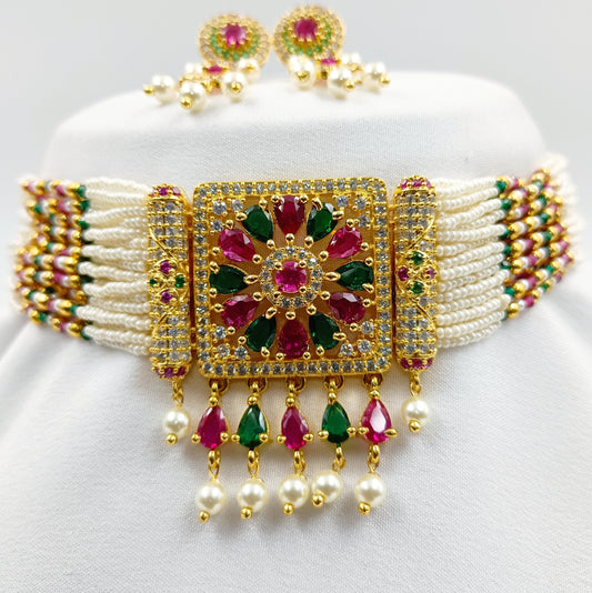 Square Shaped Multicolor Stone Studded Choker Set