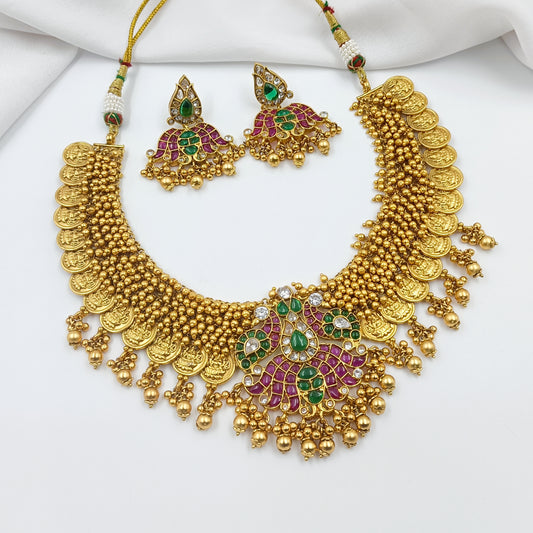 Lord Lakshmi Coin Designer Golden Beads Necklace Set