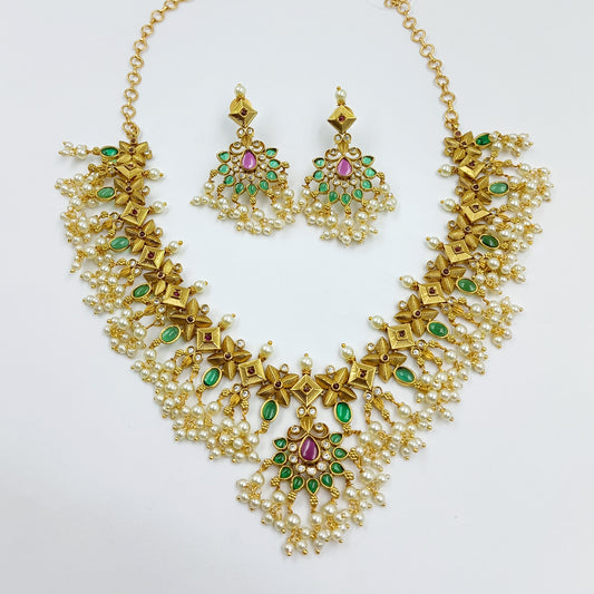 Floret Designer Green Stone Studded Short Necklace Set