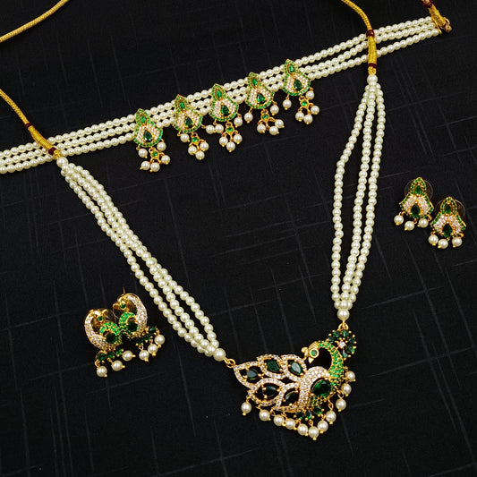 Trendy Green Color Peacock Designer Pearls Combo Set