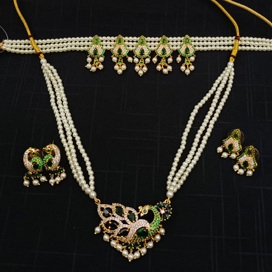 Trendy Green Color Peacock Designer Pearls Combo Set