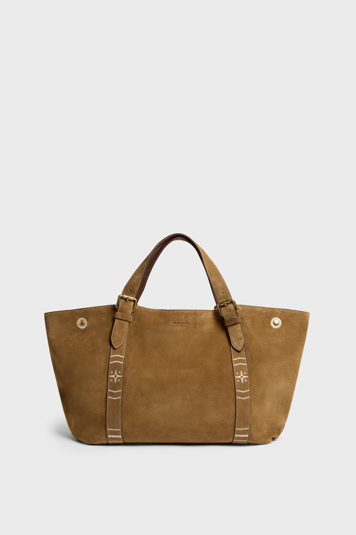 Camel Suede Stripe Tote Bag