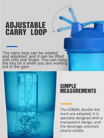 Shaker Bottle with Clear Measurements and Convenient Carry Loop