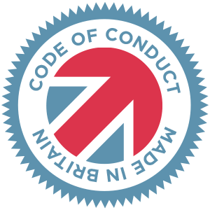 Blue accreditation seal around the words Code of Conduct Made In Britain and within the words is a variation of the British flag in red and blue