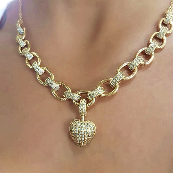 Female necklace, chain, women's fashion, gold-plated, elegant, versatile accessory, cubic zirconias, choker, heart-shaped necklace