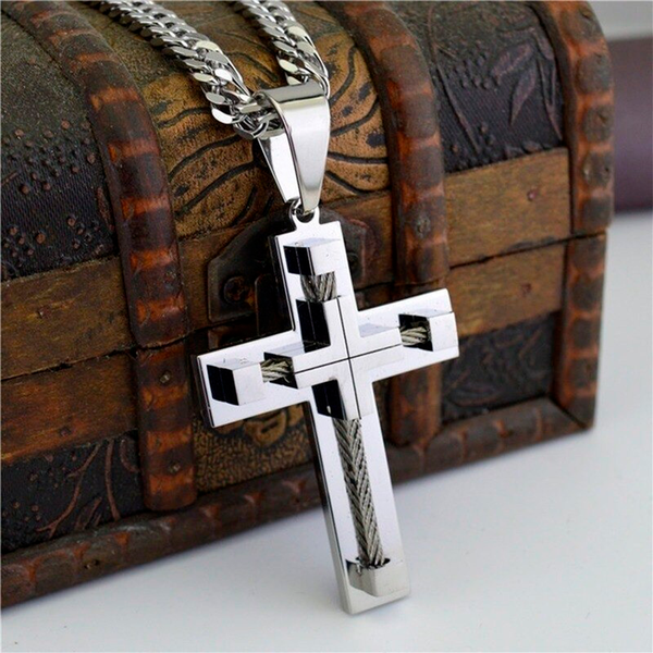 Men's necklace, Christian faith, religious crucifix, modern crucifix, stainless steel, silver-plated, Modern Crucifix, luxury semi-jewel, modern man, men's fashion, men's accessories, men's necklace