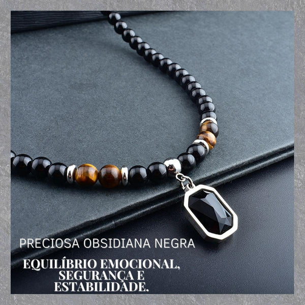 colar de proteção, amuleto de proteção, pedra obsidiana, pedra de proteção, olho de tigre, equilíbrio emocional, segurança, confiança, pedras naturais, colar de pedras naturais, colar protetor, colar de olho de tigre, colar de obsidiana negra