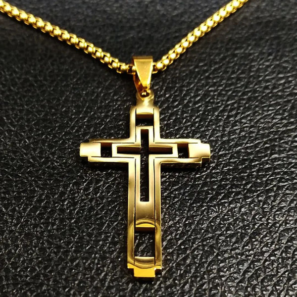 Modern crucifix, religious crucifix, gold-plated, silver-plated, silver chain, silver necklace, gold necklace, men's fashion, elegant, sophisticated, Christian faith, luxury fashion jewelry, modern man, masculine look, men's accessories