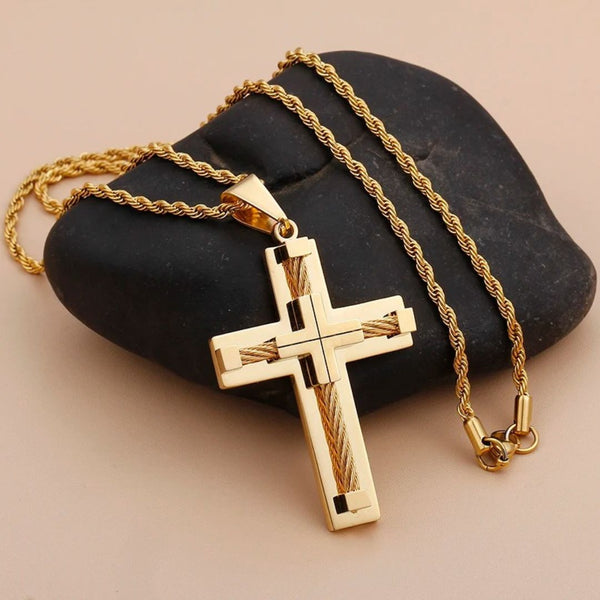 Crucifixo banhado a ouro, colar masculino, corrente masculina, moda masculina, colar ouro 18k, fé cristã