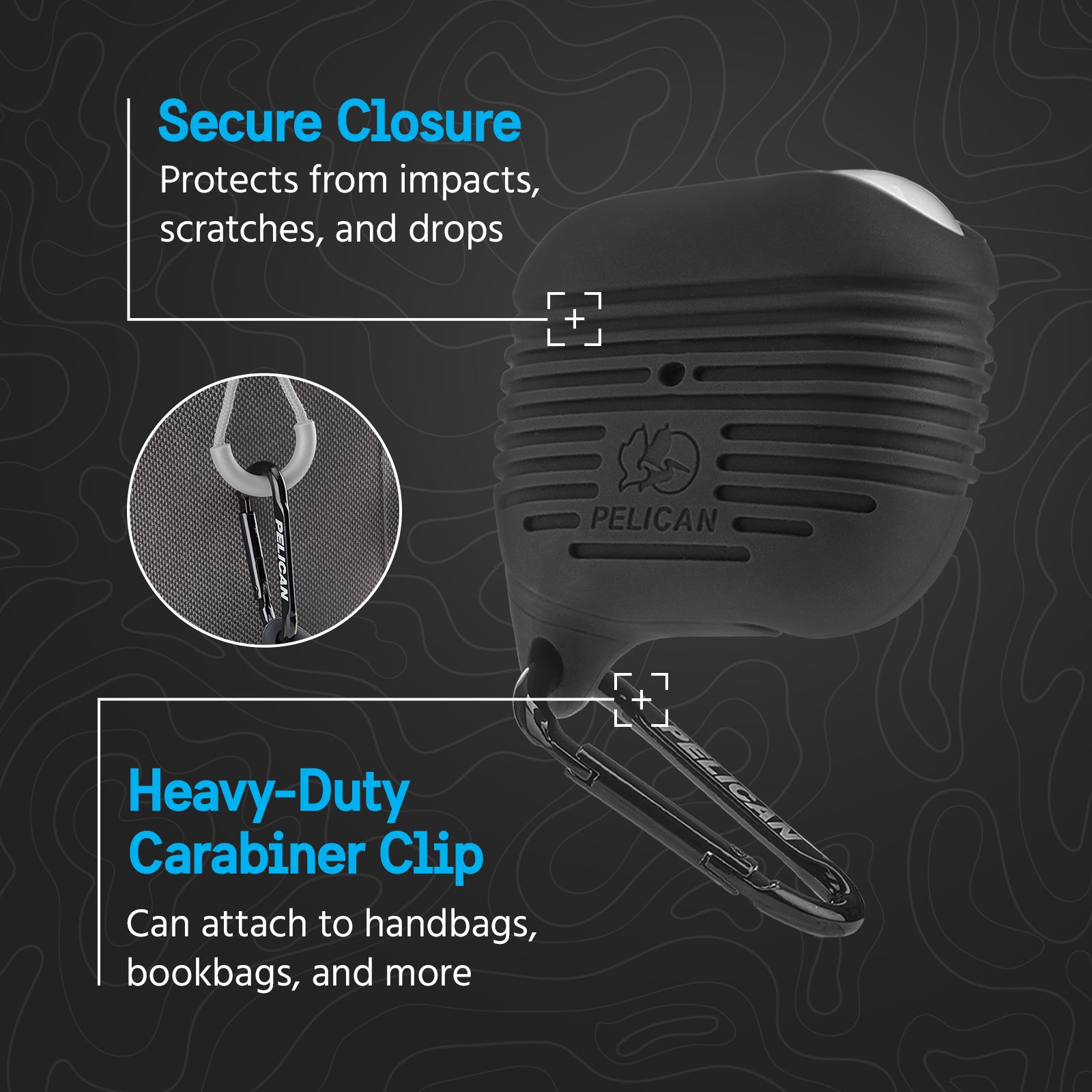 SECURE CLOSURE PROTECTS FROM IMPACTS, SCRATCHES, AND DROPS. HEAVY DUTY CRABINER CLIP CAN ATTACH TO HANDBAGS, BOOKBAGS, AND MORE.