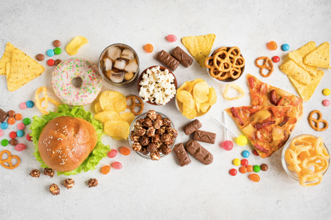 Burger, pizza, donut, chocolate, popcorn, candy, and more