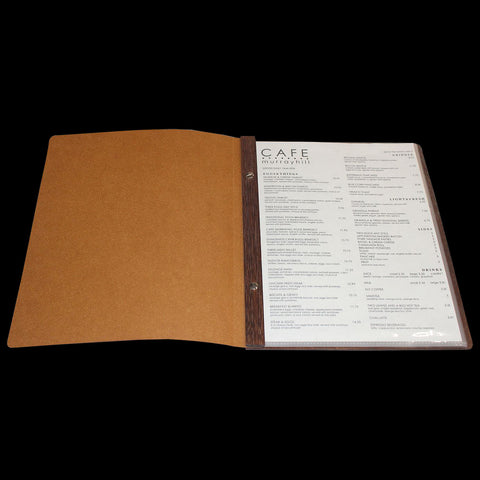 Leather and wood restaurant menu cover