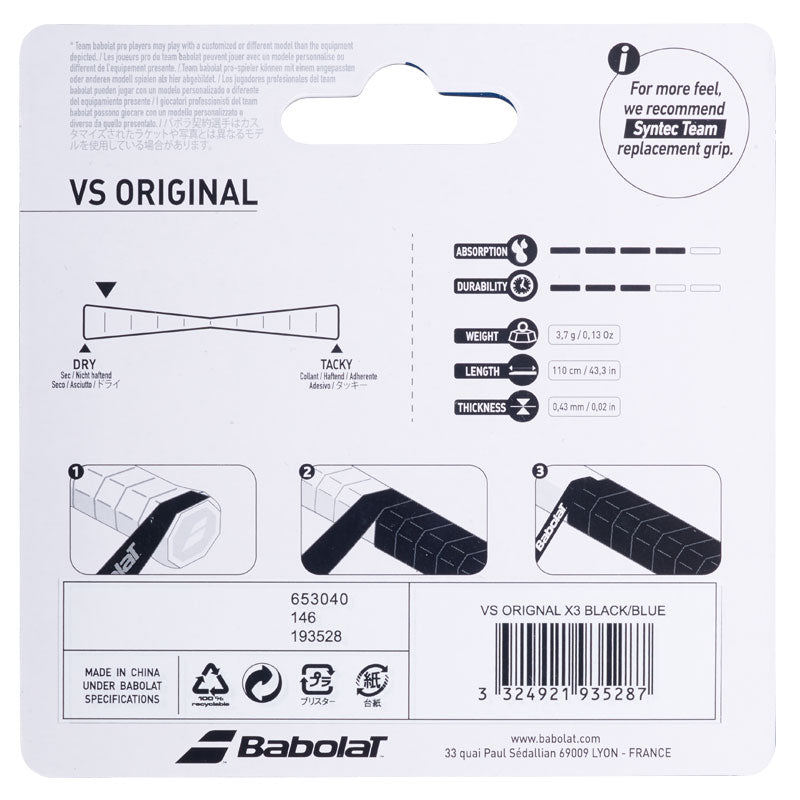 Babolat VS Original Tennis Overgrip 3 Pack Black Yellow