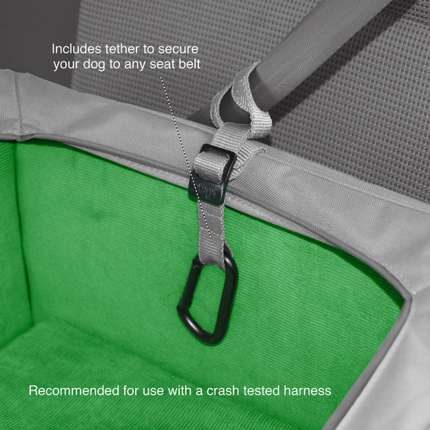 The Rear Seat Booster includes a tether to secure your dog to any seatbelt. We recommend for use with a crash tested harness.