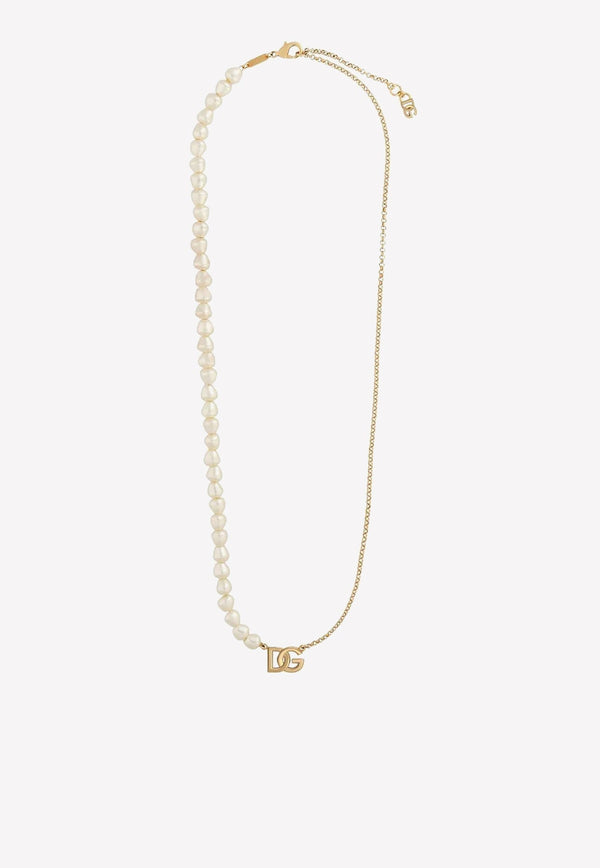 Logo-Pendant Pearl-Chain Necklace